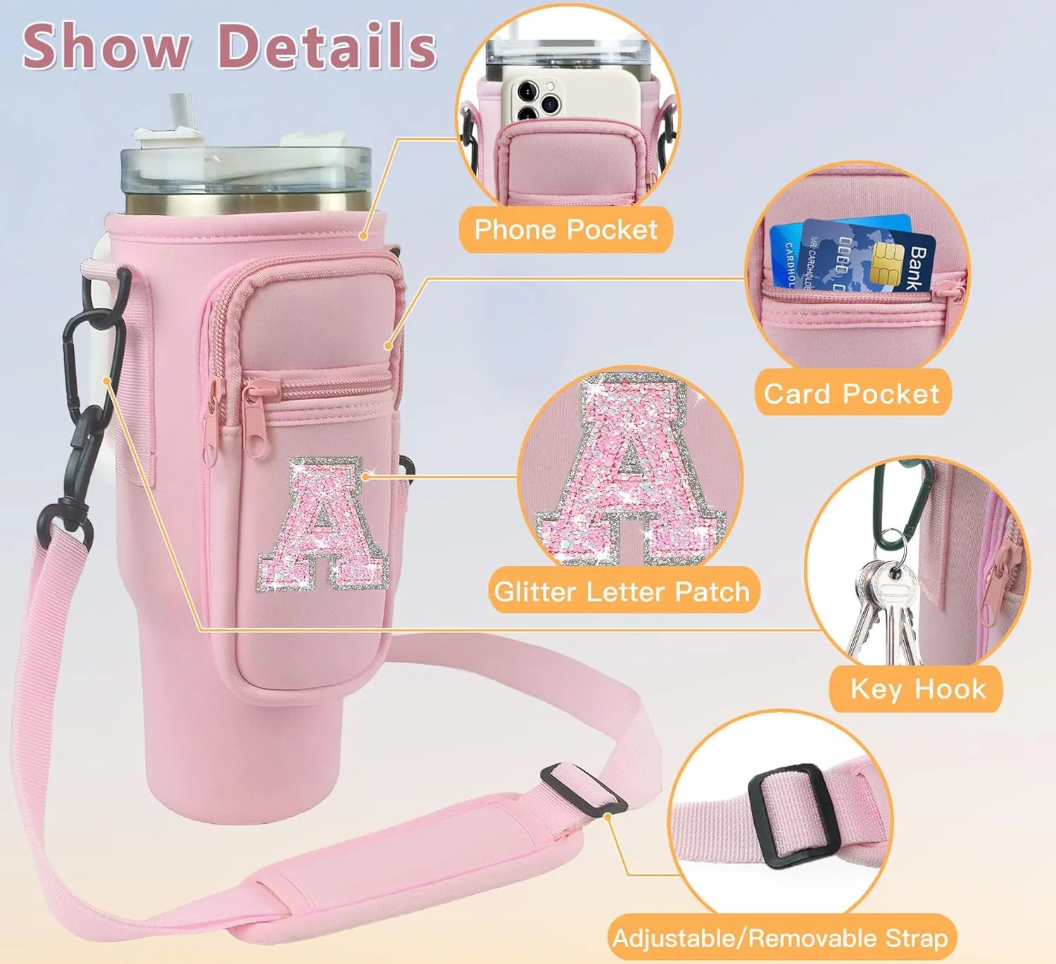 Water Bottle Carrier Bag with Pocket for Stanley 40 Oz Tumbler Accessories,Initial Letter Water Bottle Holder Pouch with Crossbody Strap and Carabiner for Hiking Travel Picnic (Pink I)