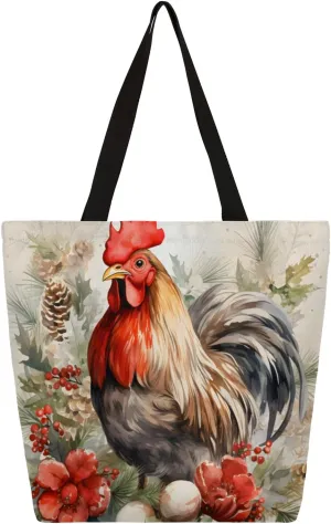 Watercolour Berry Flower Rooster Large Capacity Canvas Tote Bag Stylish Handheld Shoulder Bag Reusable Shopping Bag for Work Travel Beach Trips Shopping