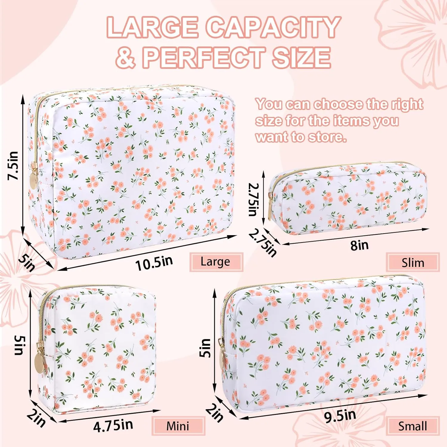 Waterproof Mini Floral Makeup Bag Pouch for Purse,Nylon Flower Cosmetic Travel Bag Small Preppy Toiletry Organizers Bag for Women Girl,Cute Zipper Pouch Coin Purse for Work(Mini White-Flowers)