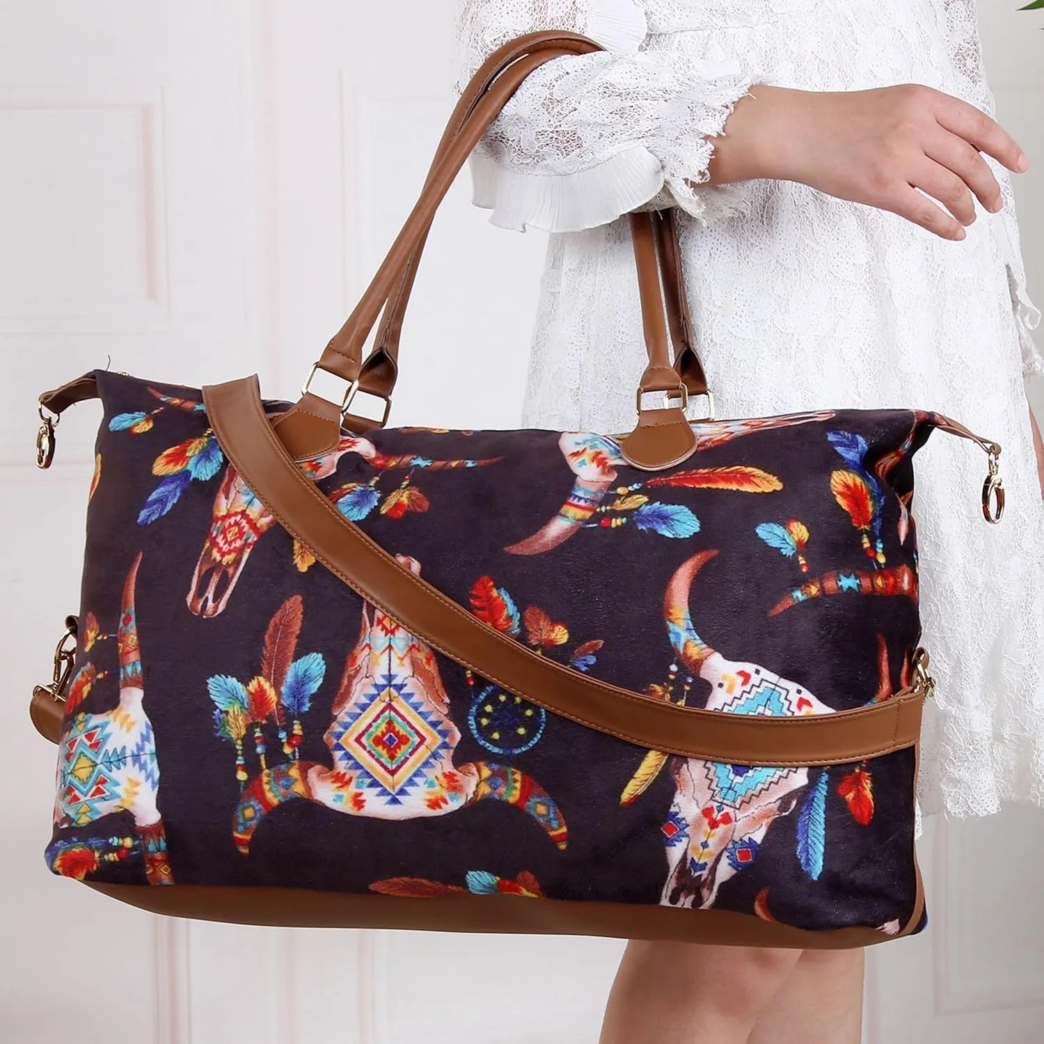 Weekender Bag Duffle Bag For Women Large Travel Tote Bag Overnight Weekend Bags With Shoulder Strap Cow Leopard Atzec…