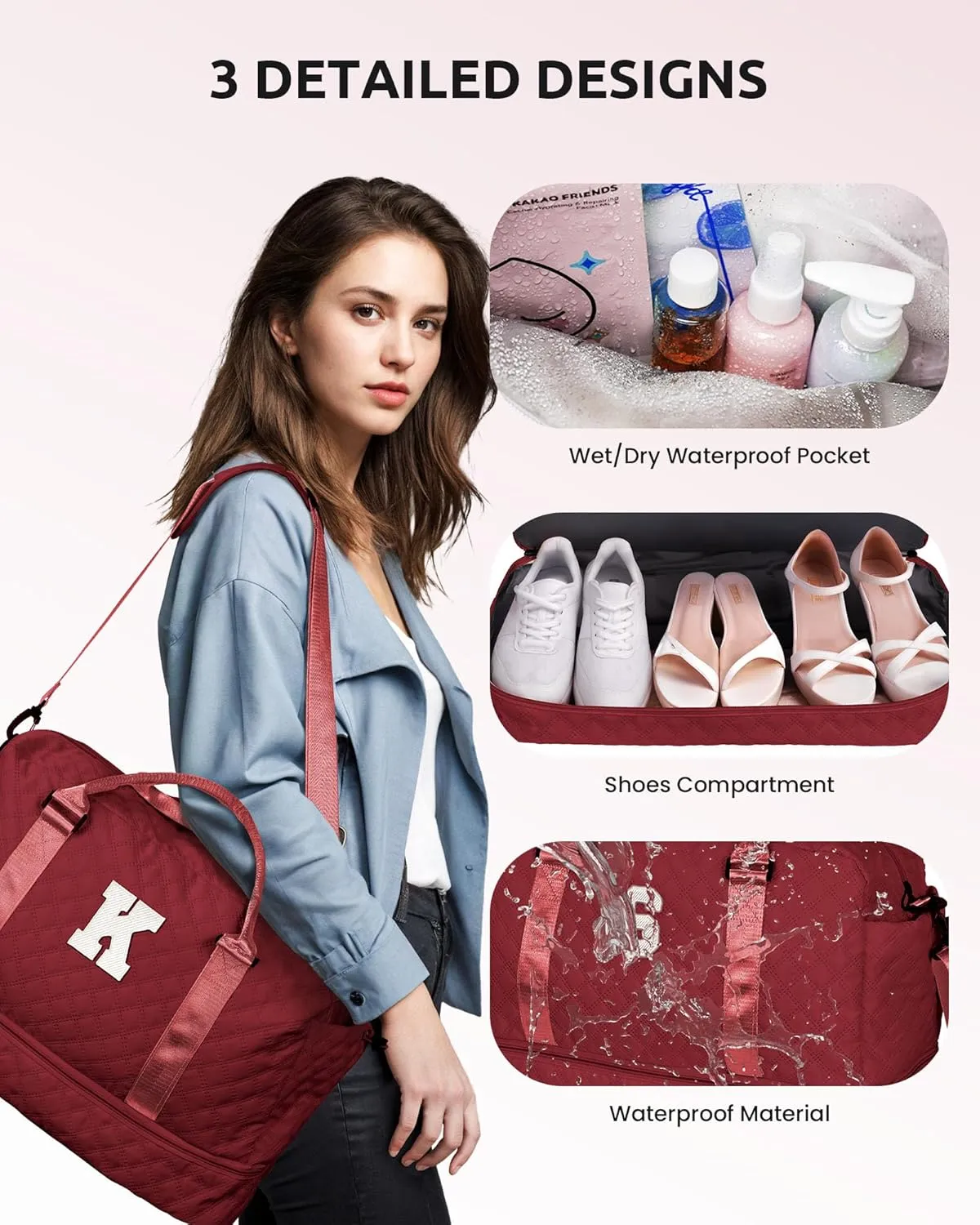 Weekender Bags for Women Travel, Personalized Weekender Bag with Shoulder Strap, Monogram Overnight Bag for Women with Trolley Sleeve & Wet Pocket, Letter Travel Bag (Letter J)