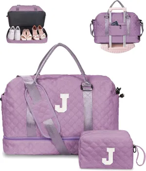Weekender Bags for Women Travel, Personalized Weekender Bag with Shoulder Strap, Monogram Overnight Bag for Women with Trolley Sleeve & Wet Pocket, Letter Travel Bag (Letter J)