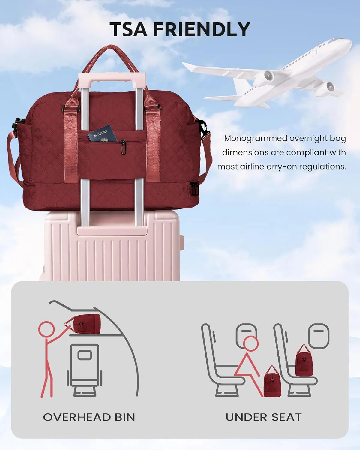 Weekender Bags for Women Travel, Personalized Weekender Bag with Shoulder Strap, Monogram Overnight Bag for Women with Trolley Sleeve & Wet Pocket, Letter Travel Bag (Letter J)