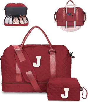 Weekender Bags for Women Travel, Personalized Weekender Bag with Shoulder Strap, Monogram Overnight Bag for Women with Trolley Sleeve & Wet Pocket, Letter Travel Bag (Letter J)