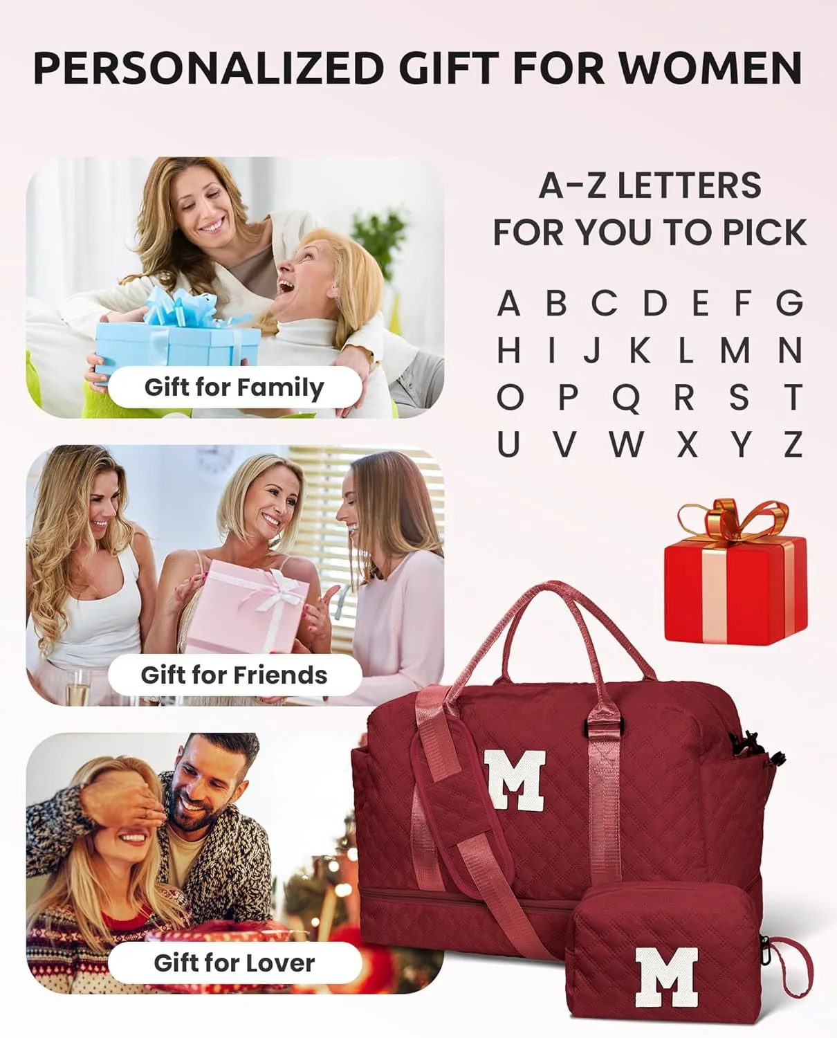 Weekender Bags for Women Travel, Personalized Weekender Bag with Shoulder Strap, Monogram Overnight Bag for Women with Trolley Sleeve & Wet Pocket, Letter Travel Bag (Letter J)