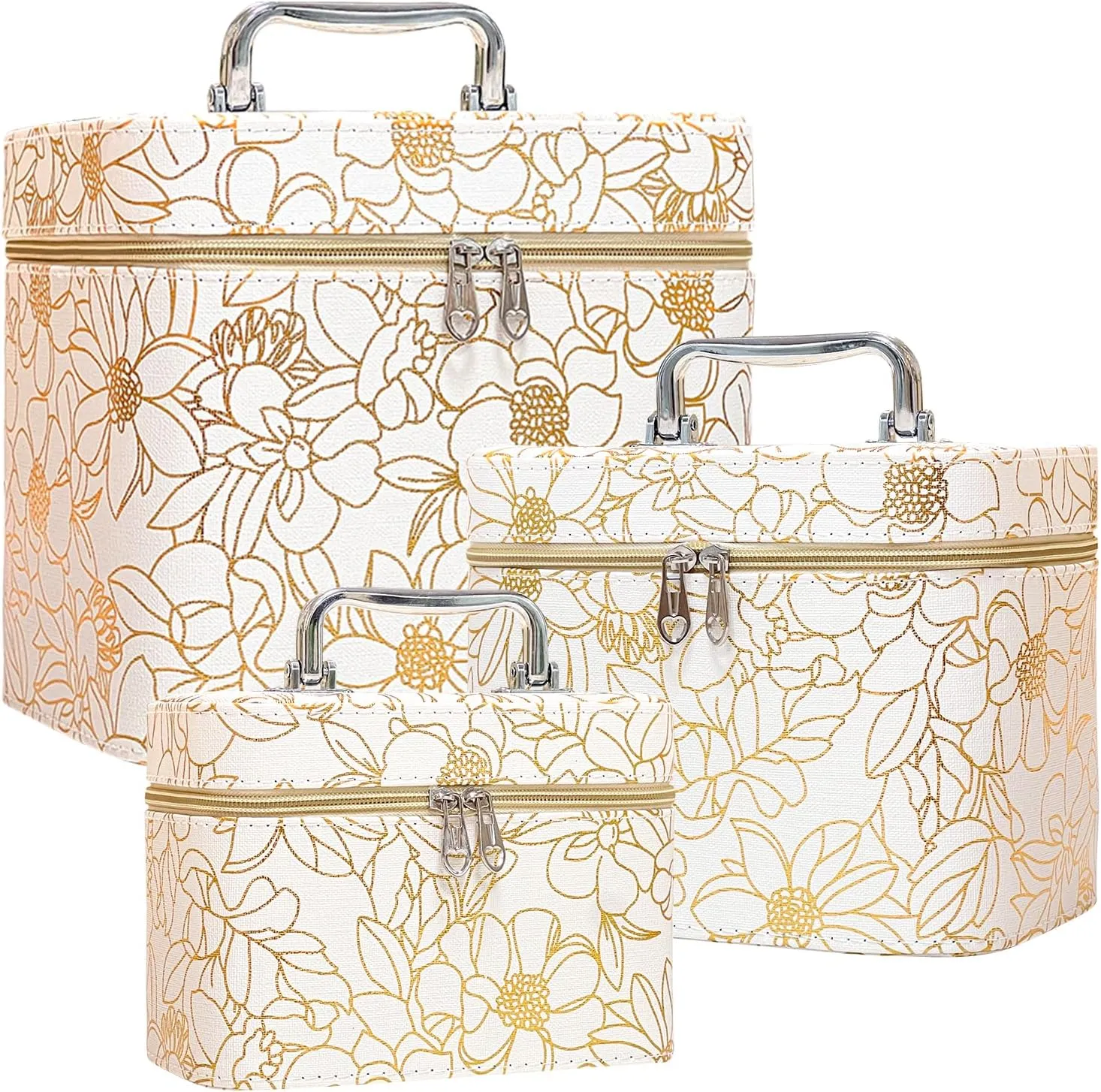 weiwei Travel Makeup Train Case Makeup Cosmetic Bag Organizer, Large Travel Cosmetic Case Bags for Women with Mirror, Waterproof Flower Leather Make up Bag Box Set for Traveling (White, 3-Pcs)