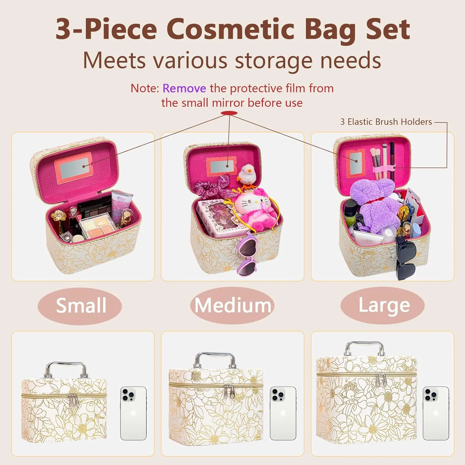 weiwei Travel Makeup Train Case Makeup Cosmetic Bag Organizer, Large Travel Cosmetic Case Bags for Women with Mirror, Waterproof Flower Leather Make up Bag Box Set for Traveling (White, 3-Pcs)