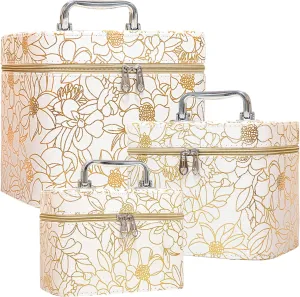 weiwei Travel Makeup Train Case Makeup Cosmetic Bag Organizer, Large Travel Cosmetic Case Bags for Women with Mirror, Waterproof Flower Leather Make up Bag Box Set for Traveling (White, 3-Pcs)