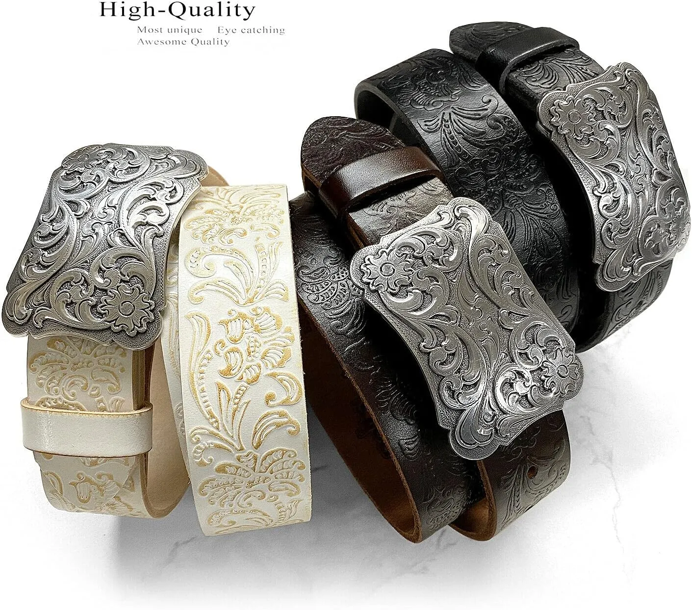 Western Fashion Style Floral Engraved Buckle Full Grain Genuine Leather Belt 1-1/2" (38mm) Wide - Assembled in the U.S