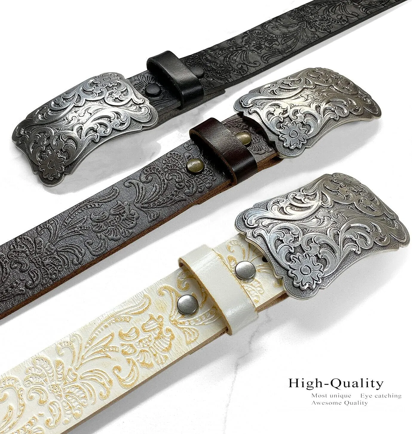 Western Fashion Style Floral Engraved Buckle Full Grain Genuine Leather Belt 1-1/2" (38mm) Wide - Assembled in the U.S