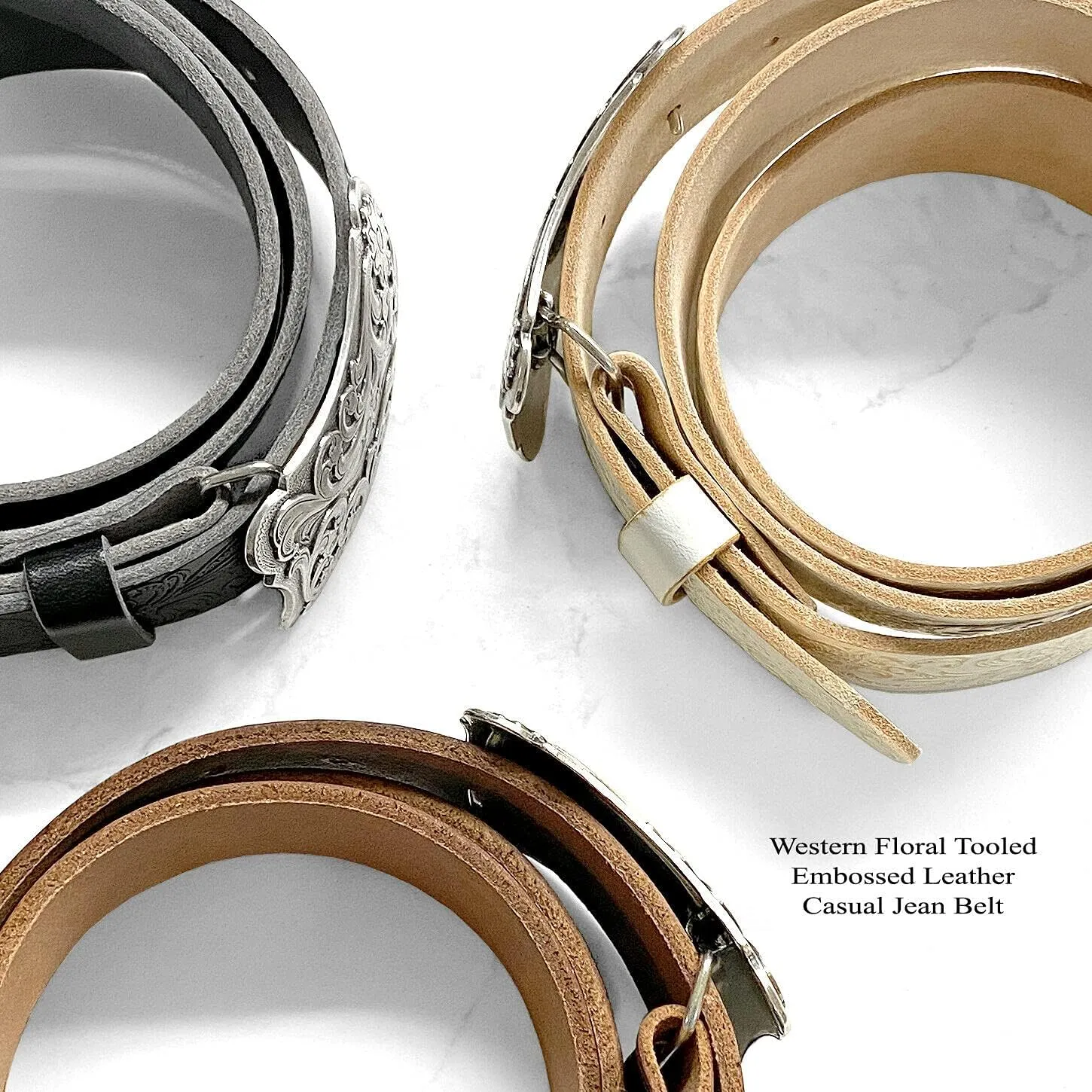 Western Fashion Style Floral Engraved Buckle Full Grain Genuine Leather Belt 1-1/2" (38mm) Wide - Assembled in the U.S
