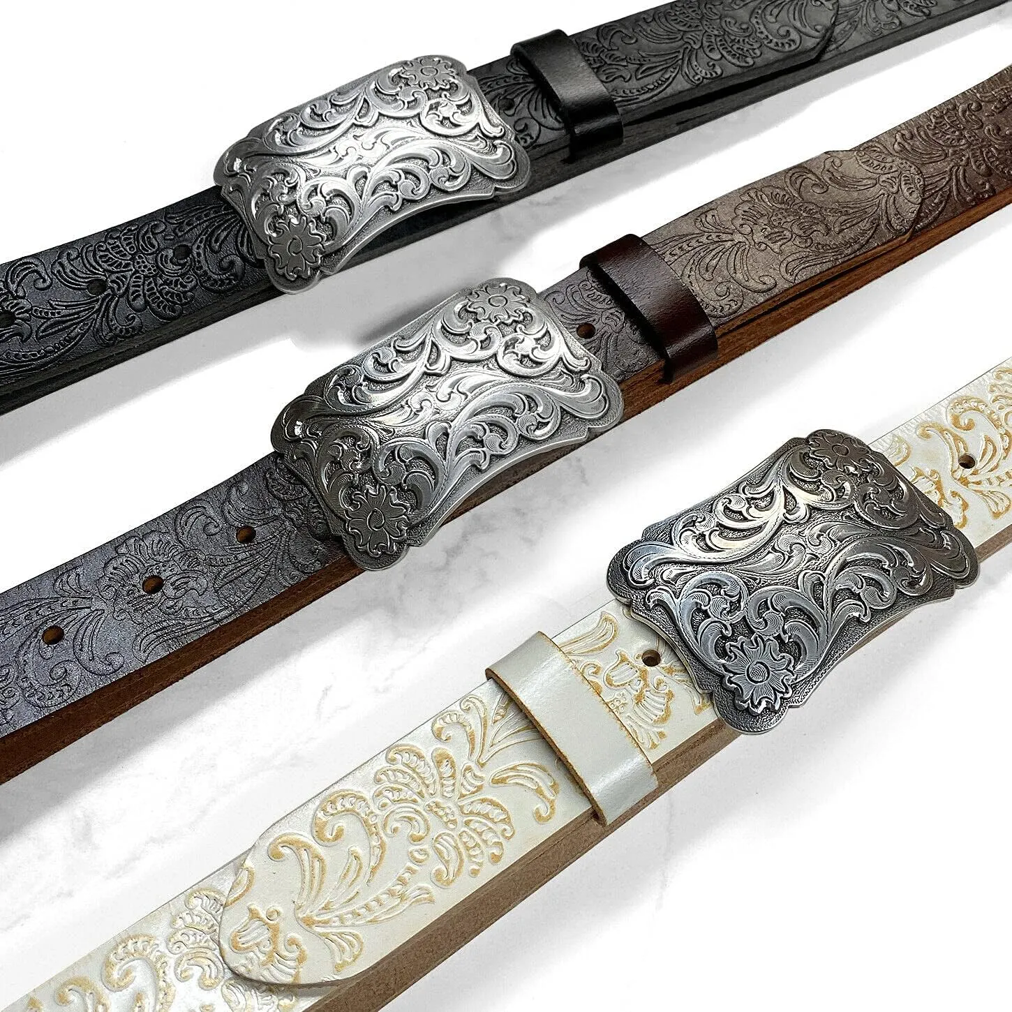 Western Fashion Style Floral Engraved Buckle Full Grain Genuine Leather Belt 1-1/2" (38mm) Wide - Assembled in the U.S