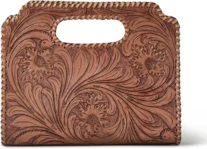 Western Handcrafted Leather Clutch Purse - Vintage Floral Design, Handmade Embossed Handbag for Women