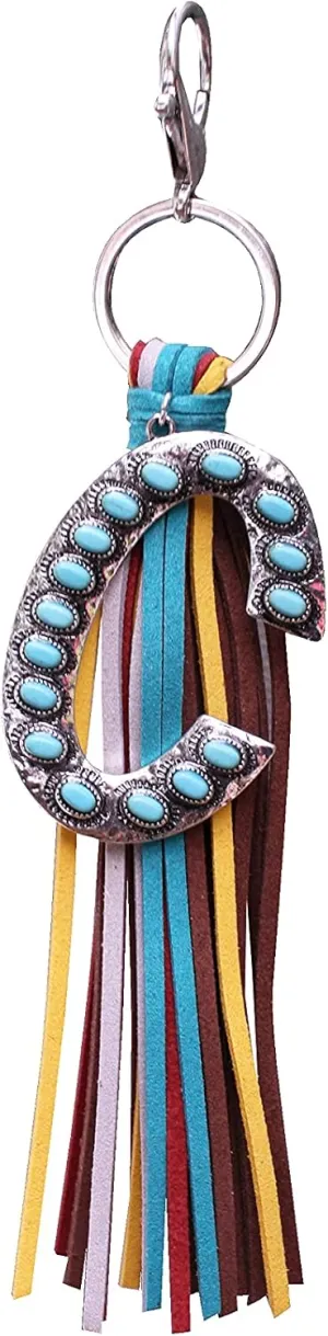 Western Initial Letter A-Z Key Chain, Handbags Charm with Leather Tassel and Easy Snap Hook