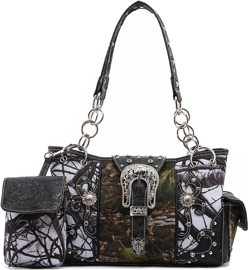 Western Style Camouflage Purse Concho Buckle Tooled Floral Country Studs Crossbody Women Handbag Shoulder Bag Wallet Set