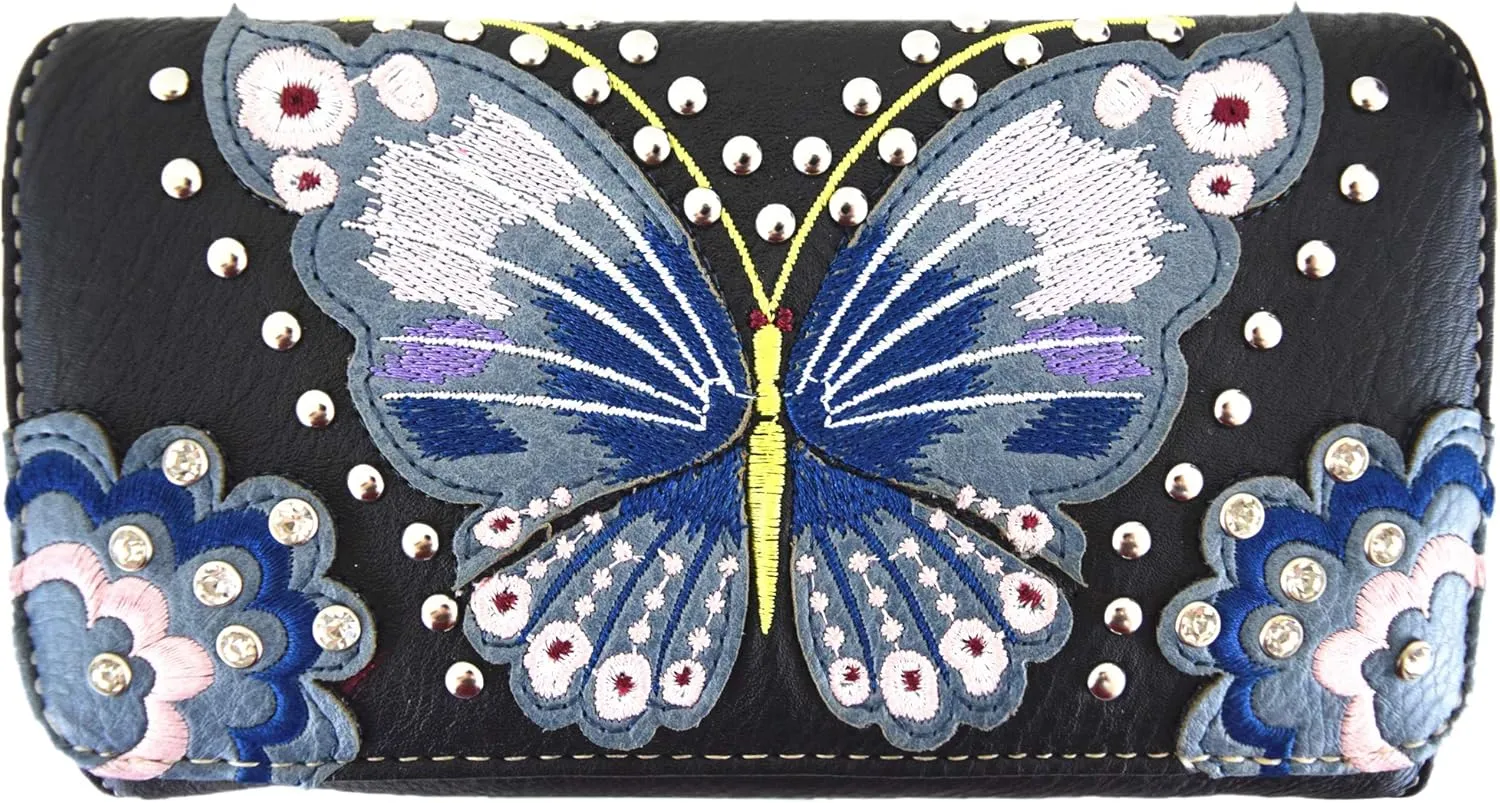 Western Style Springtime Embroidery Butterfly Floral Leather Totes Purse Country Handbag Women Shoulder Bag Wallet Set