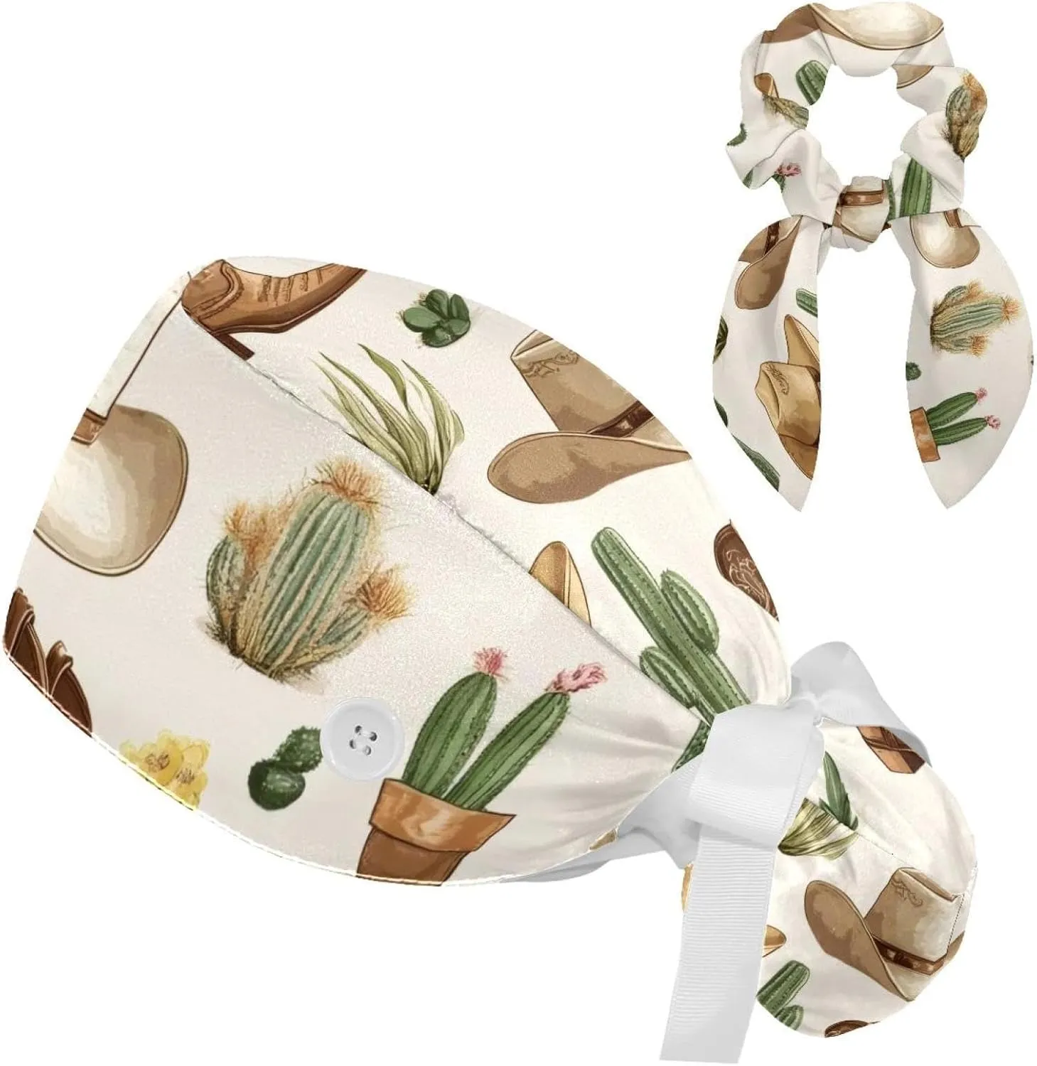 Wild Cowboys Horses Surgical Cap Women, Adjustable Working Cap Ponytail Pouch, Nursing Hat with Buttons & Sweatbands