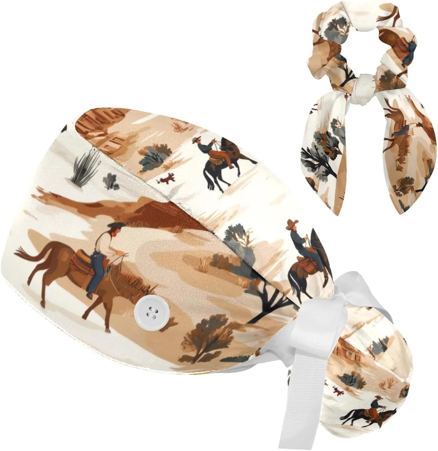 Wild Cowboys Horses Surgical Cap Women, Adjustable Working Cap Ponytail Pouch, Nursing Hat with Buttons & Sweatbands