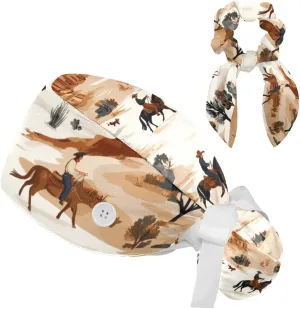Wild Cowboys Horses Surgical Cap Women, Adjustable Working Cap Ponytail Pouch, Nursing Hat with Buttons & Sweatbands