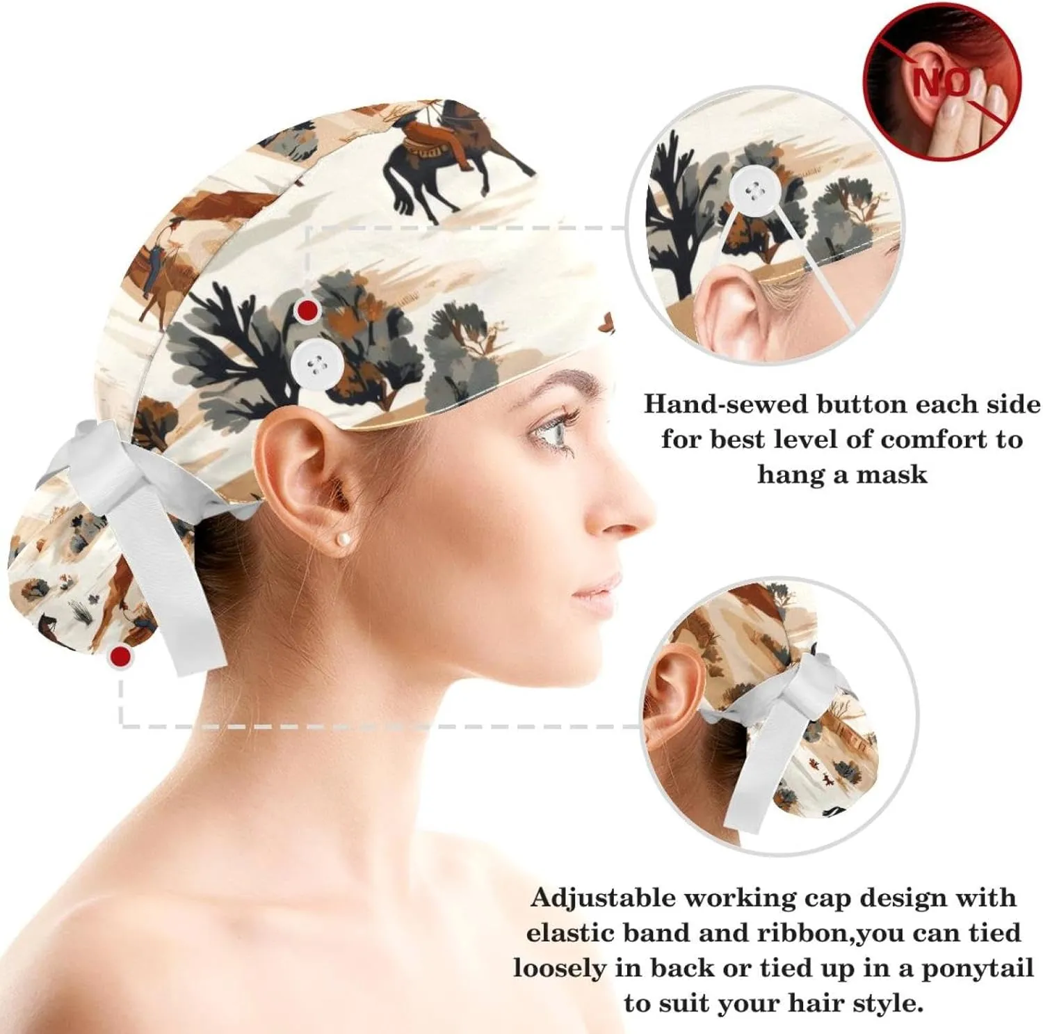 Wild Cowboys Horses Surgical Cap Women, Adjustable Working Cap Ponytail Pouch, Nursing Hat with Buttons & Sweatbands