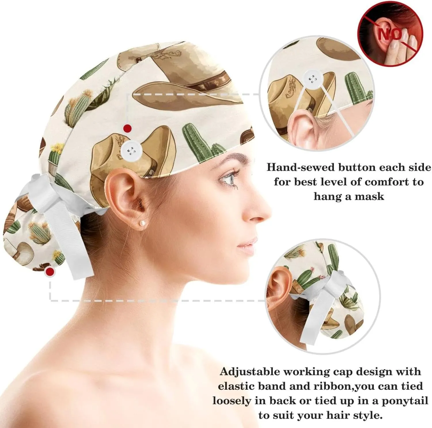 Wild Cowboys Horses Surgical Cap Women, Adjustable Working Cap Ponytail Pouch, Nursing Hat with Buttons & Sweatbands