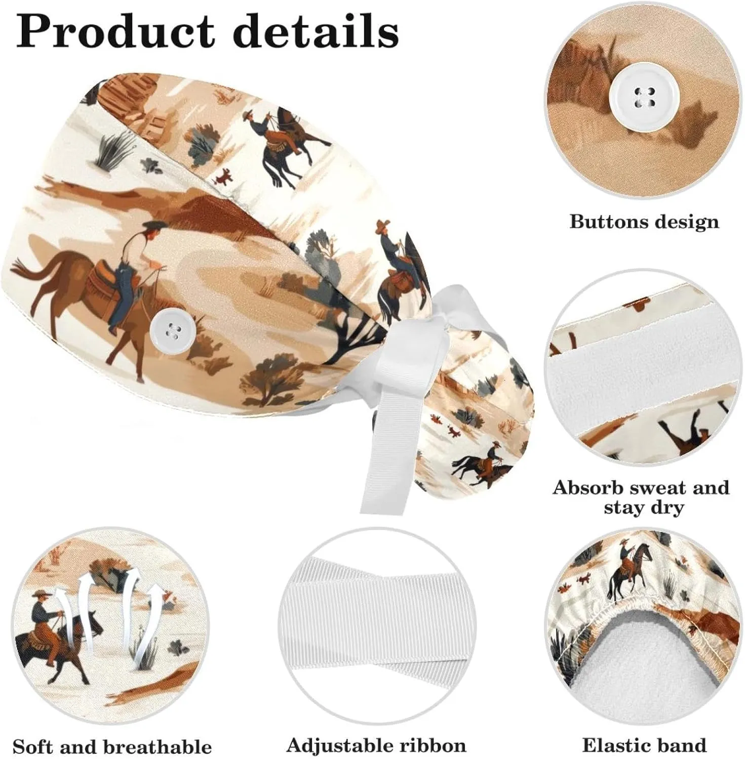Wild Cowboys Horses Surgical Cap Women, Adjustable Working Cap Ponytail Pouch, Nursing Hat with Buttons & Sweatbands