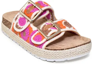 Wild Diva Women's Double Buckle Floral Crochet Cork Flat Sandals