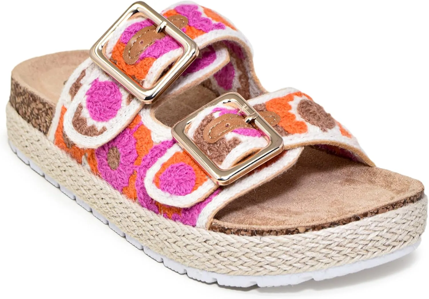 Wild Diva Women's Double Buckle Floral Crochet Cork Flat Sandals
