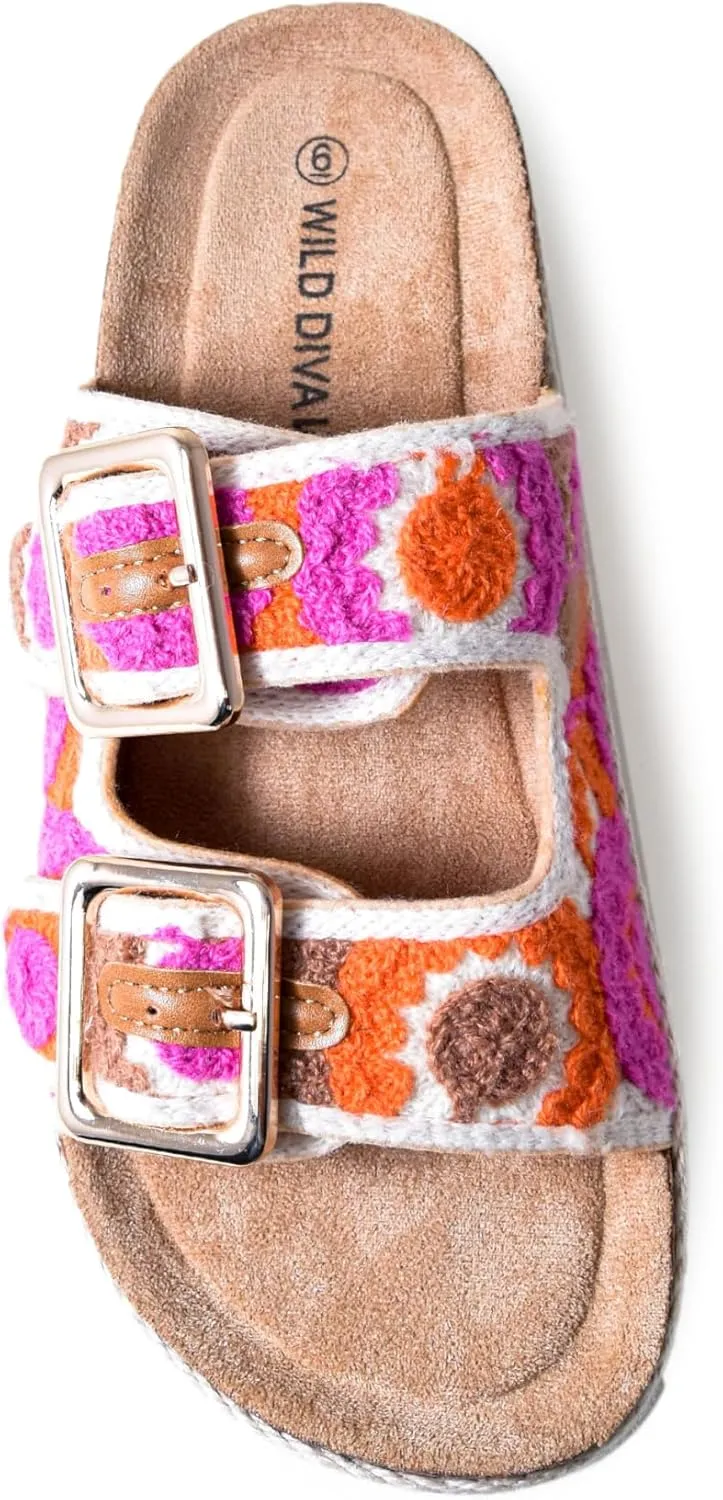 Wild Diva Women's Double Buckle Floral Crochet Cork Flat Sandals