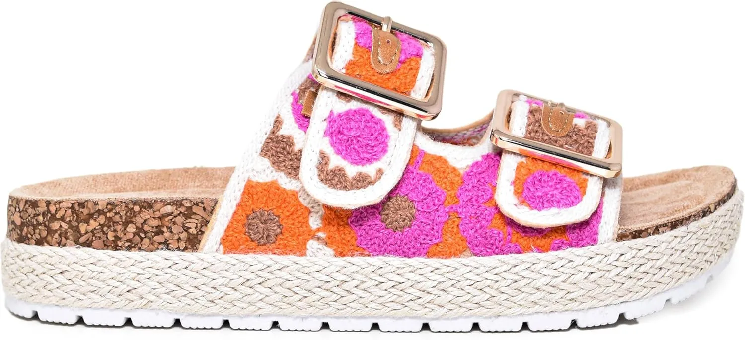 Wild Diva Women's Double Buckle Floral Crochet Cork Flat Sandals