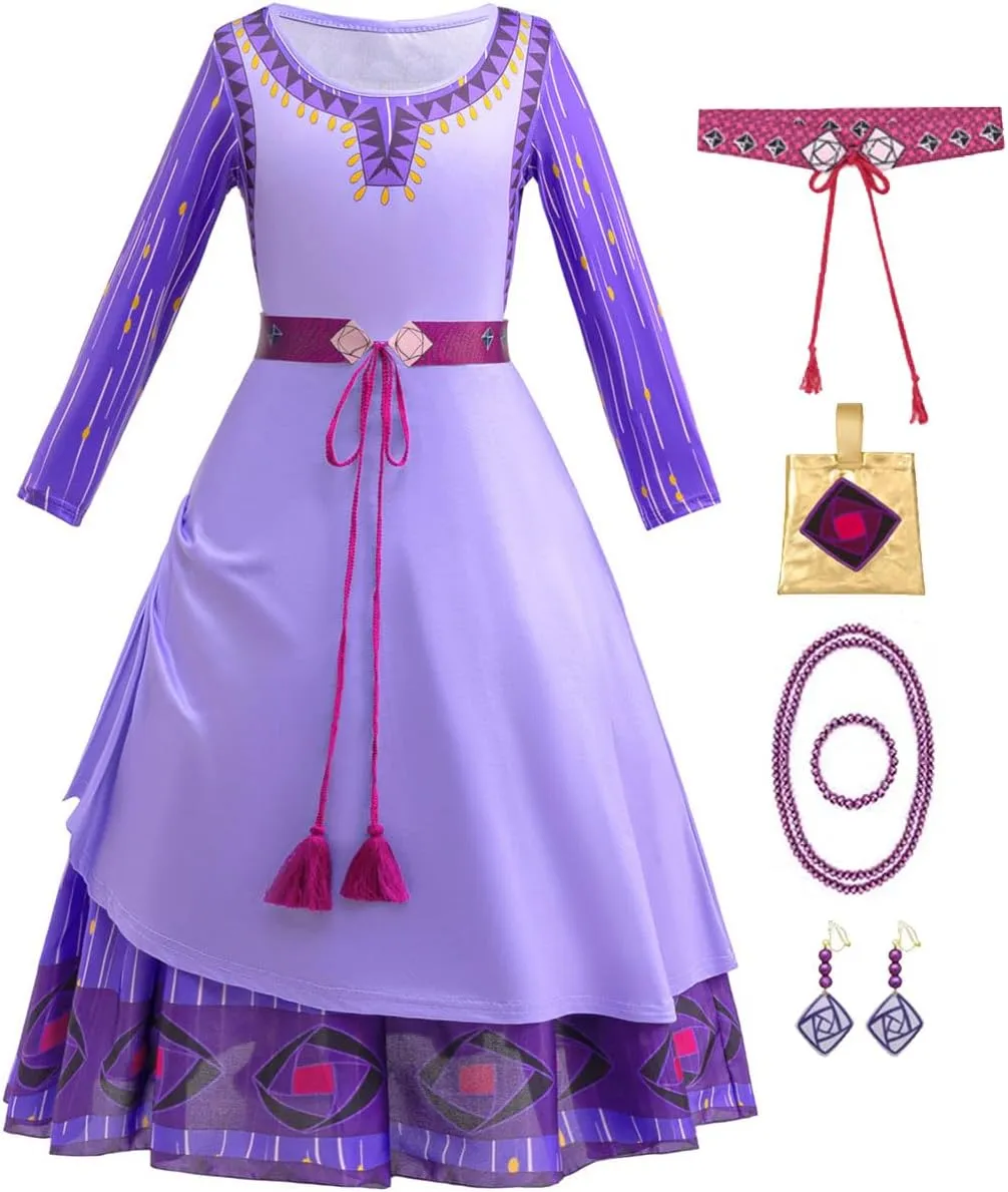 Wish Asha Costume for Girls Princess Halloween Christmas Dress Purple Cosplay Outfit