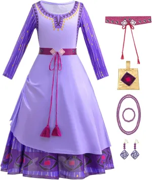 Wish Asha Costume for Girls Princess Halloween Christmas Dress Purple Cosplay Outfit