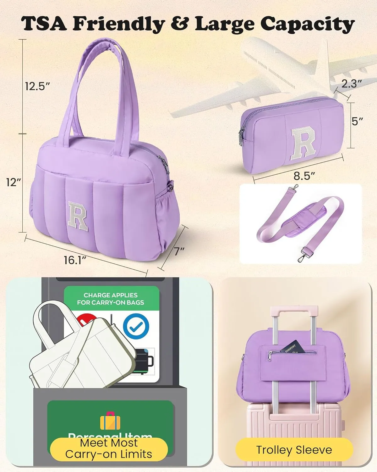 Woman Gifts for Her, Initial Women Duffel Bag, Girls Weekender Bags, Overnight Bag for Women, Travel Bags with Makeup Pouch, Birthday Friend Gift (Letter L)