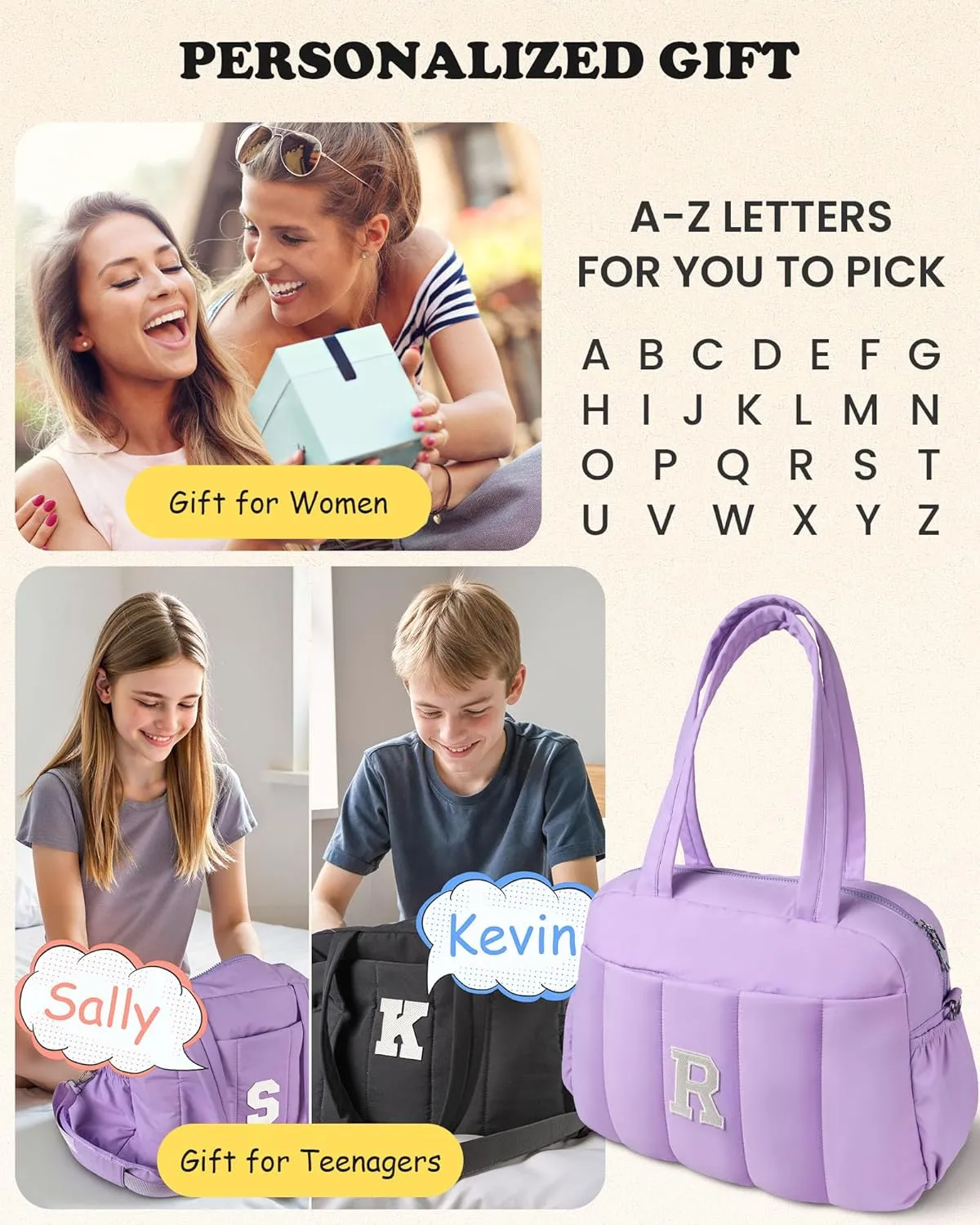 Woman Gifts for Her, Initial Women Duffel Bag, Girls Weekender Bags, Overnight Bag for Women, Travel Bags with Makeup Pouch, Birthday Friend Gift (Letter L)