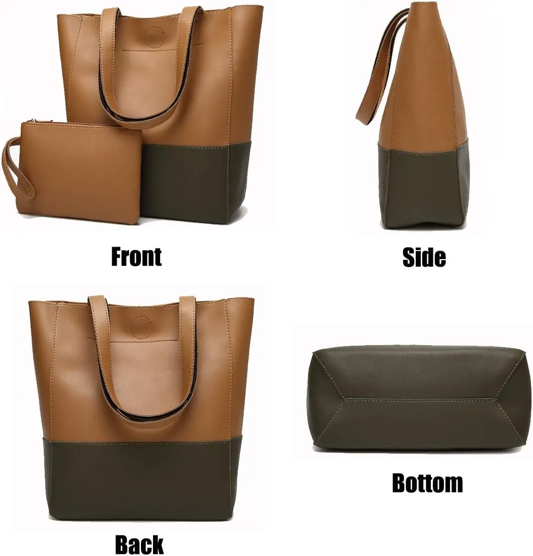 Women Contrast Tote Bag Handbags PU Leather Fashion Hobo Shoulder Bags 2 Set