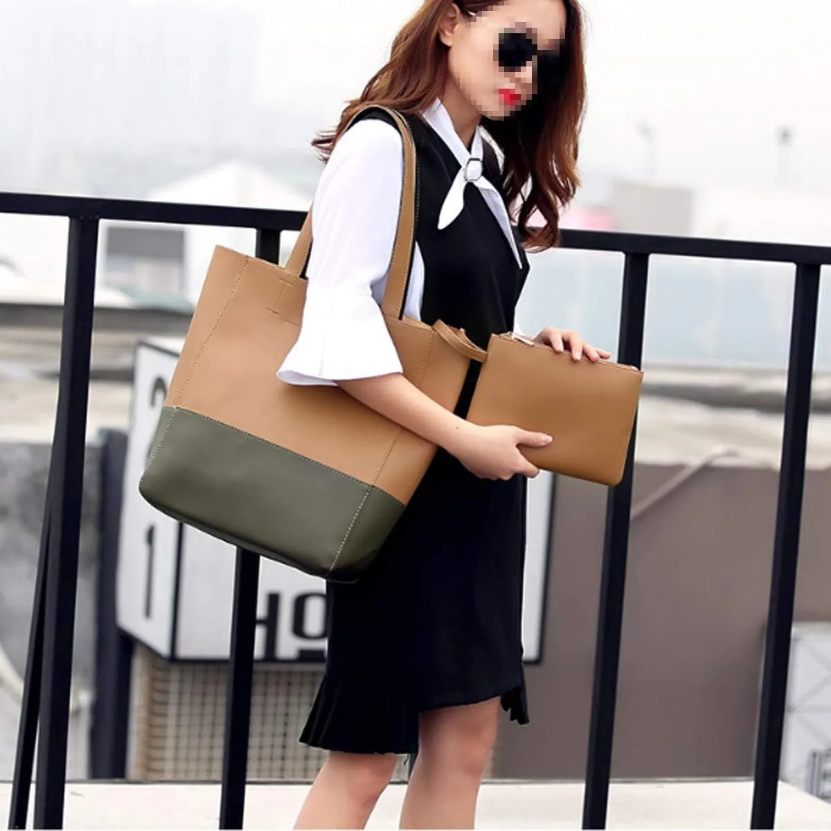 Women Contrast Tote Bag Handbags PU Leather Fashion Hobo Shoulder Bags 2 Set
