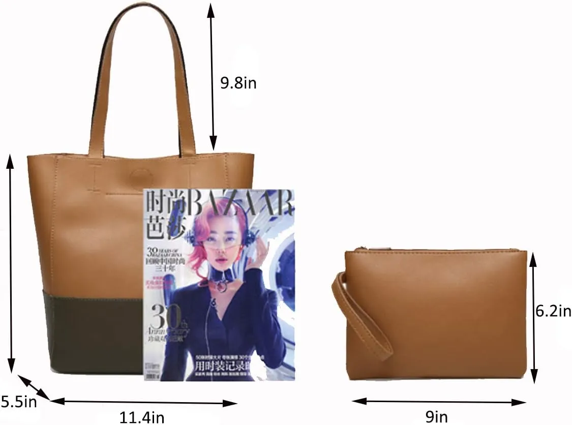 Women Contrast Tote Bag Handbags PU Leather Fashion Hobo Shoulder Bags 2 Set