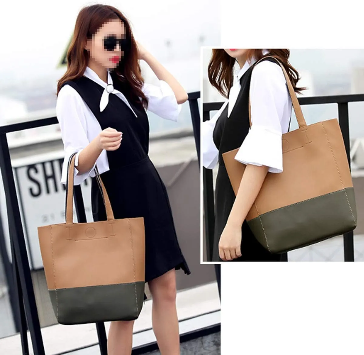 Women Contrast Tote Bag Handbags PU Leather Fashion Hobo Shoulder Bags 2 Set