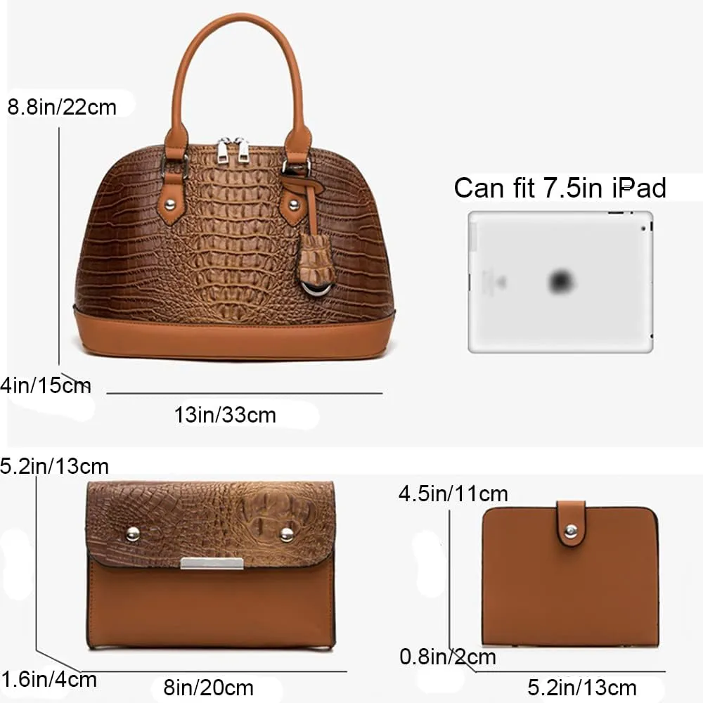 Women Handbags and Purses Set Embossed Crocodile Pattern Faux Leather Dome Satchel Handbag Wallet Shoulder Bags 3Pcs
