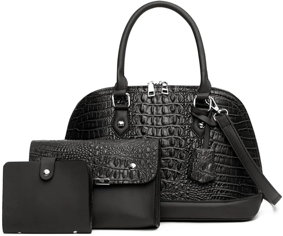 Women Handbags and Purses Set Embossed Crocodile Pattern Faux Leather Dome Satchel Handbag Wallet Shoulder Bags 3Pcs