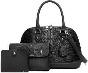 Women Handbags and Purses Set Embossed Crocodile Pattern Faux Leather Dome Satchel Handbag Wallet Shoulder Bags 3Pcs