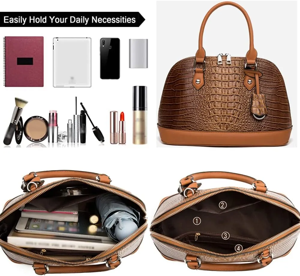 Women Handbags and Purses Set Embossed Crocodile Pattern Faux Leather Dome Satchel Handbag Wallet Shoulder Bags 3Pcs