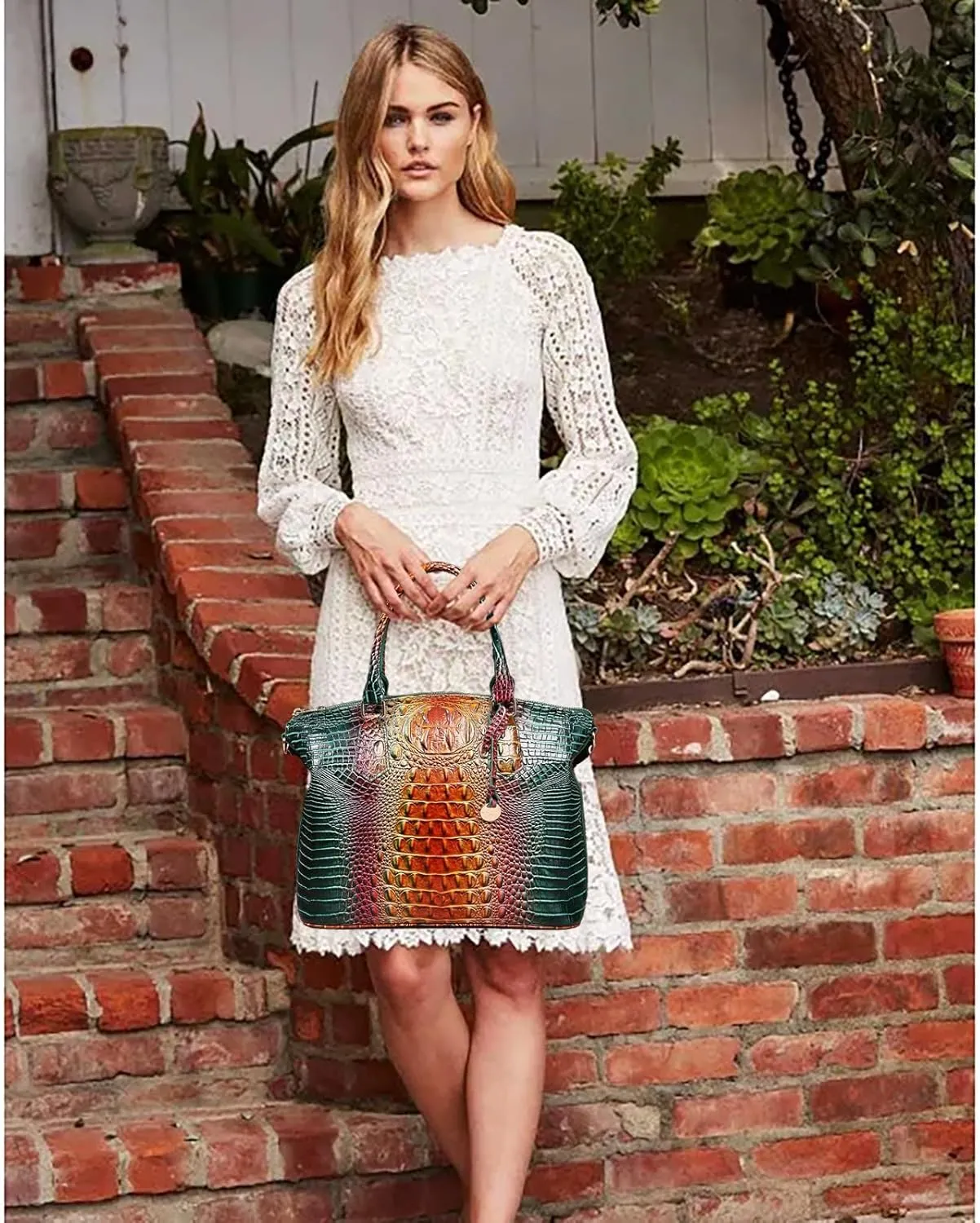 Women Purse Vegan Leather Crocodile-Embossed Pattern With Removable Shoulder Strap Top Handle Large Shoulder Bags