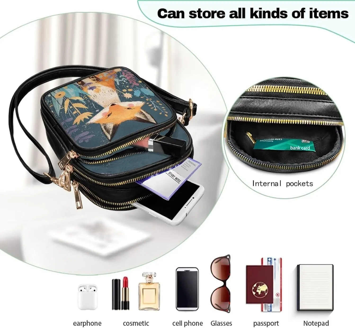 Women Small Crossbody Bags PU Leather Handbags, Animals Print Travel Wallet Zipper Phone Pouch Adjustable Strap