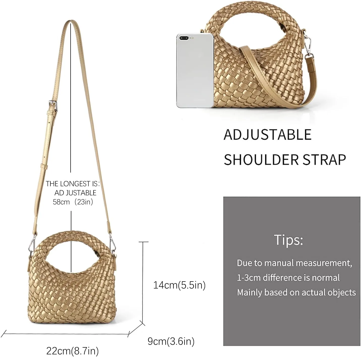 Women Woven Tote Small Crossbody Bag, Weave Quilted Purse Square Shoulder Bag Woven Handbag with Detachable Strap