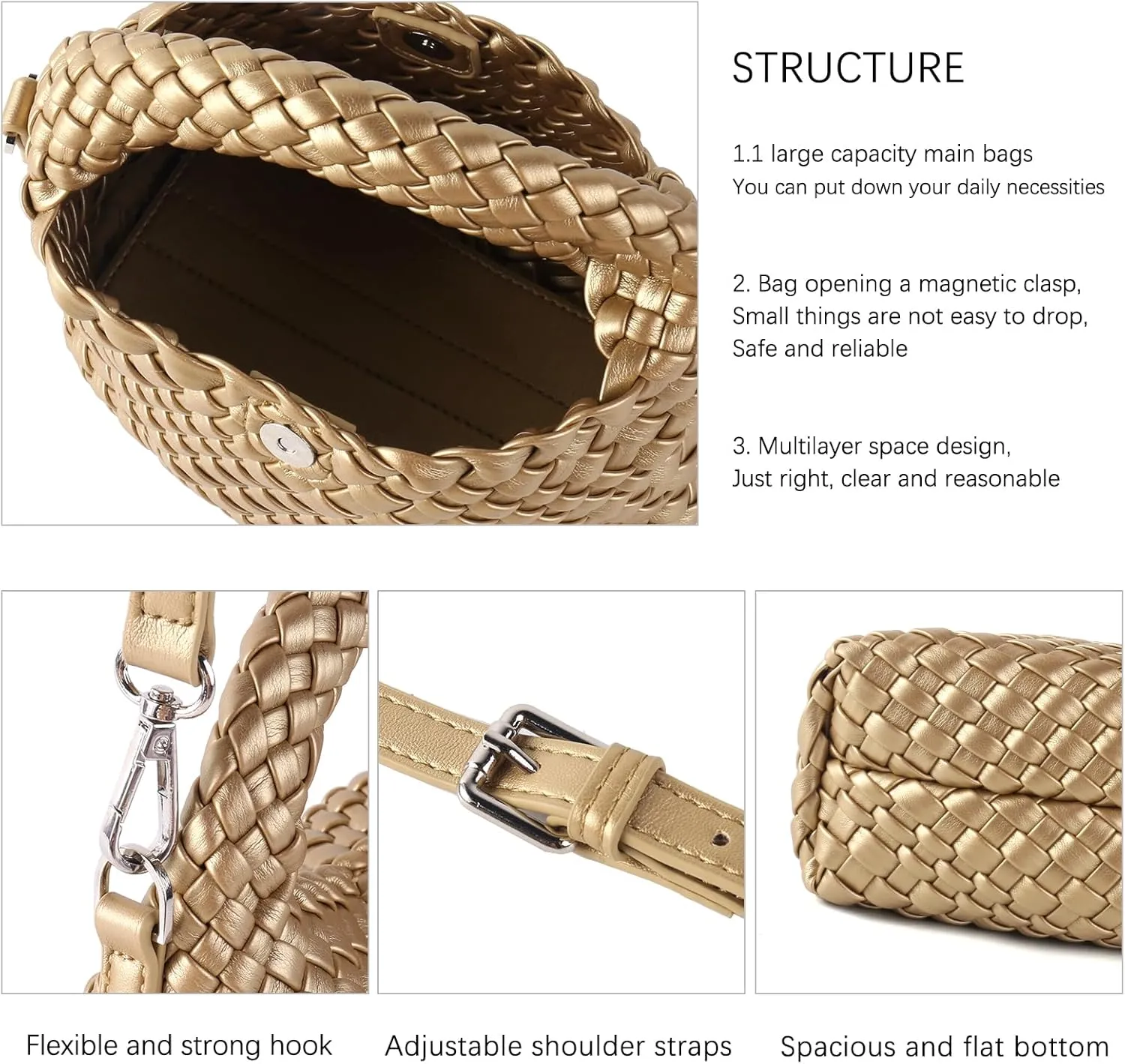Women Woven Tote Small Crossbody Bag, Weave Quilted Purse Square Shoulder Bag Woven Handbag with Detachable Strap