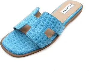 Women's Comfort Cushion Flat Sandal with Crocodile Pattern: Stylish Design Slide, Non-Slip Rubber Sole, Latex Insole for Comfort, Perfect for Parties, Gatherings, Casual Wear, Vacations, and Beach Days