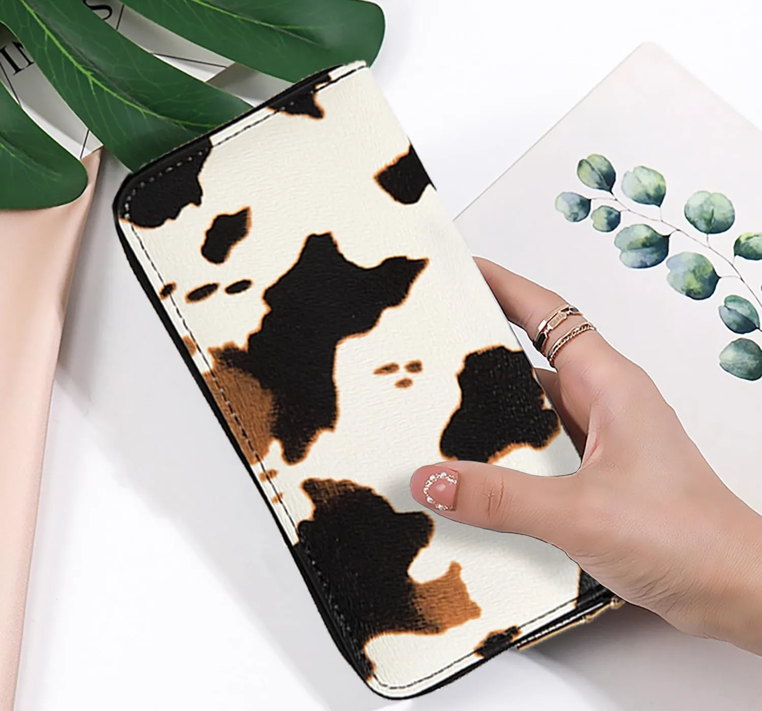 Women's Cow Print Wallets Western Highland Cowhide Stuff Gifts for Ladies Slim Purse Credit Card Holder Brown