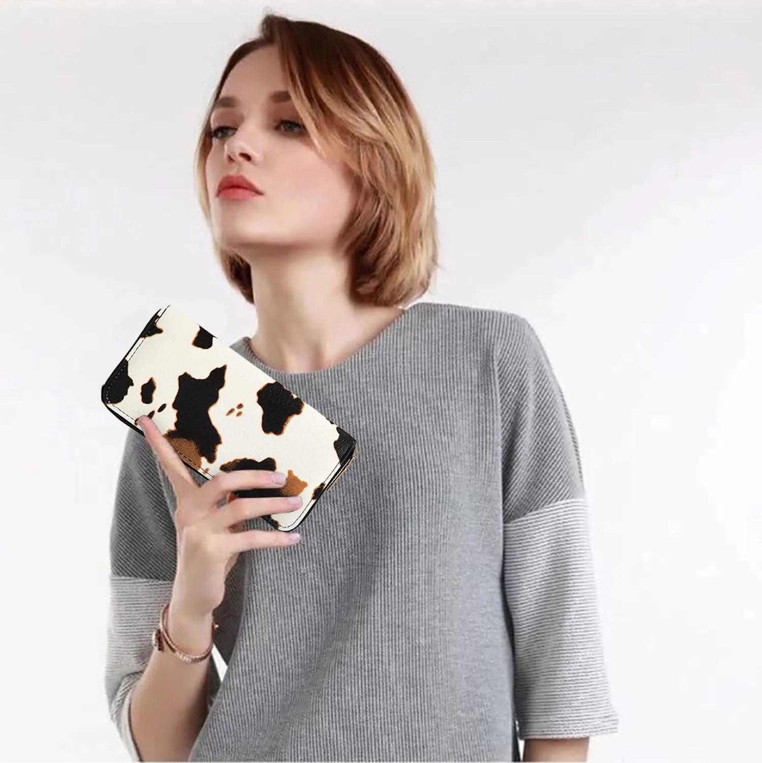 Women's Cow Print Wallets Western Highland Cowhide Stuff Gifts for Ladies Slim Purse Credit Card Holder Brown