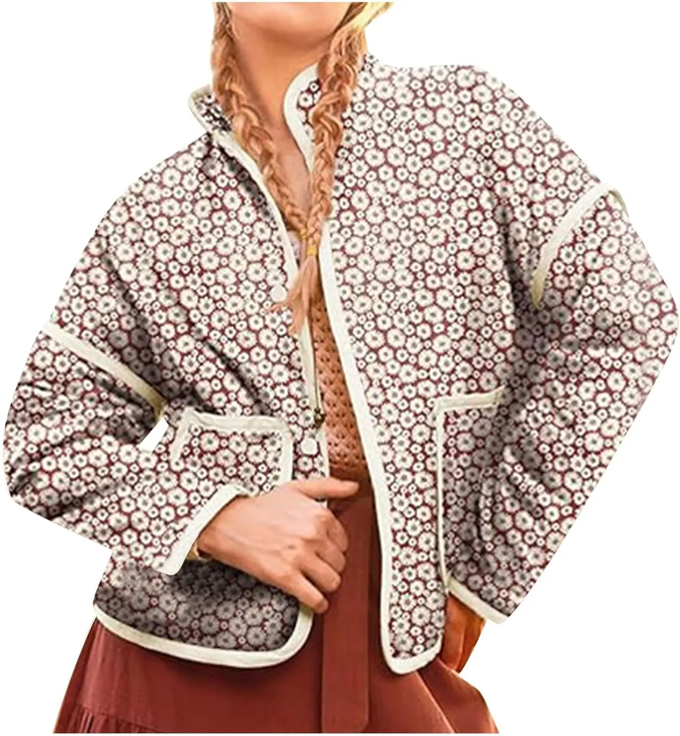 Womens Cropped Winter Jacket Lightweight Floral Print Winter Coats Long Sleeve Vintage Puffer Jacket